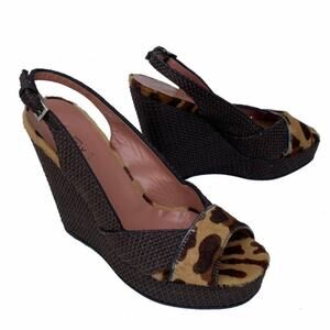 Alaia Brown Leopard Print Calf Hair Wedge Sandals, Size 36.5, Woven Slingbacks